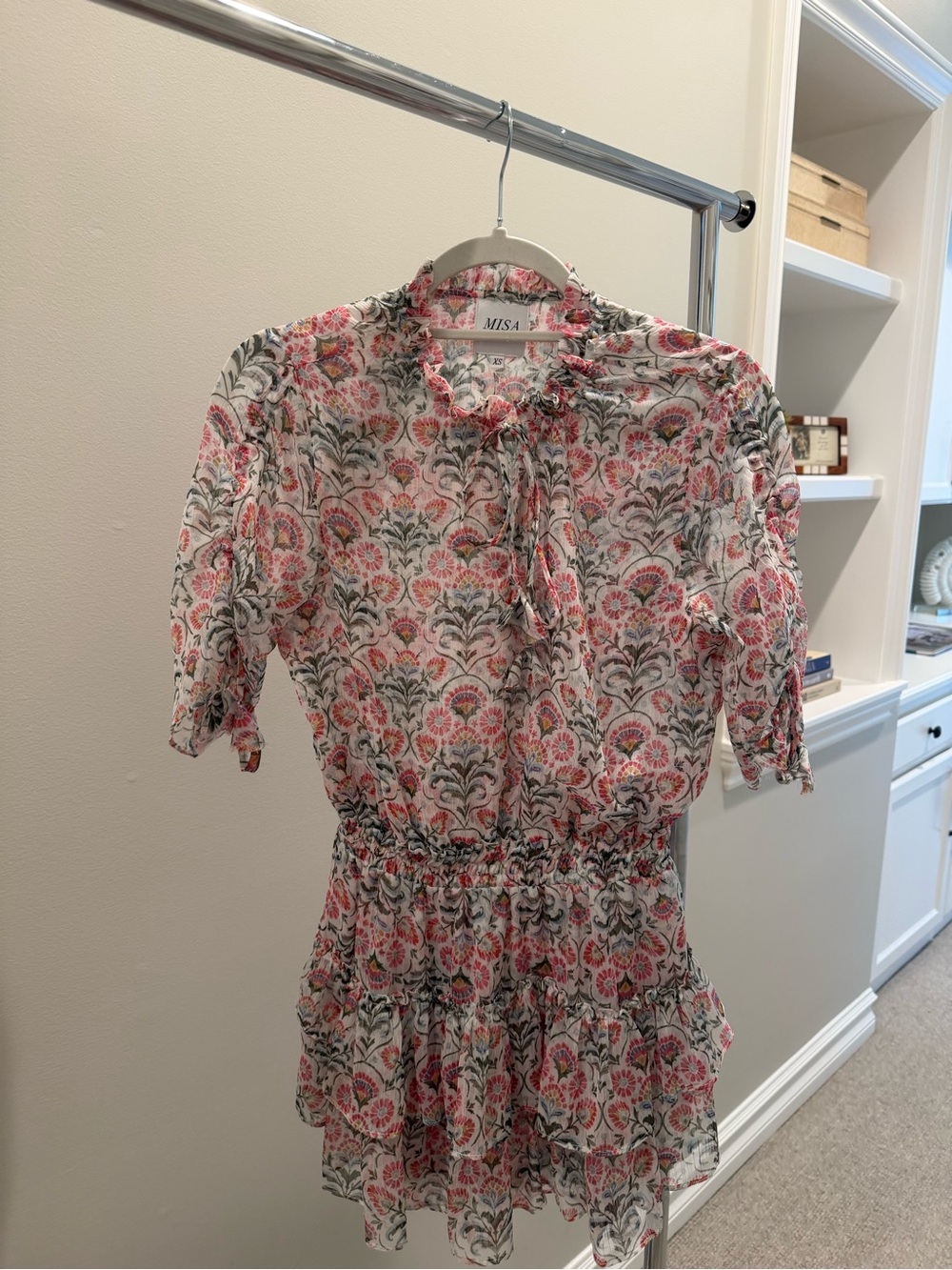 Misa Los Angeles Pink & Cream Floral Tie-Neck Mini Dress